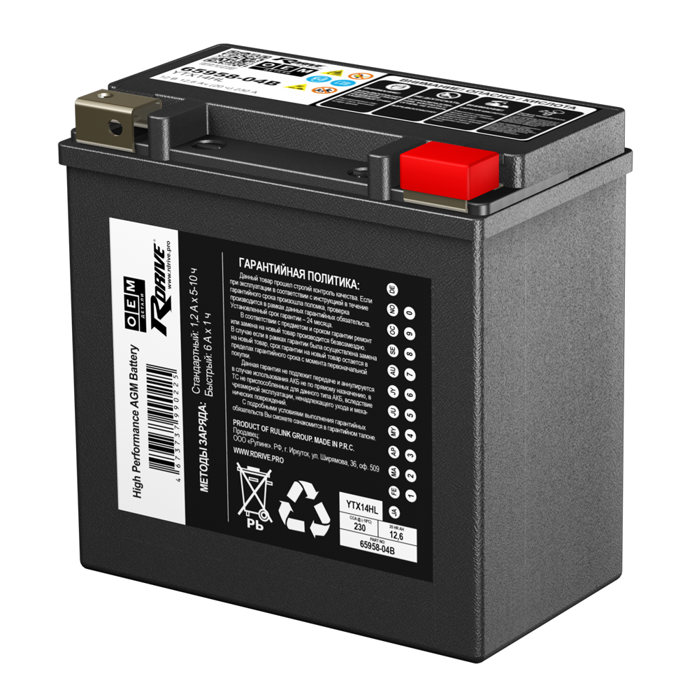 Аккумуляторы RDRIVE RDRIVE OEM 65958-04B YTX14HL купить 8 906 062 07 78